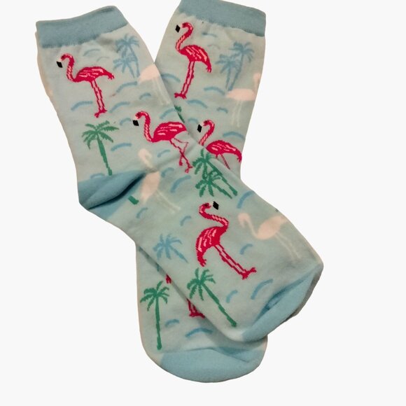 Flamingo Pattern Socks Womens Size Small 5 8 Cotton Blend Blue Pink - Picture 2 of 3